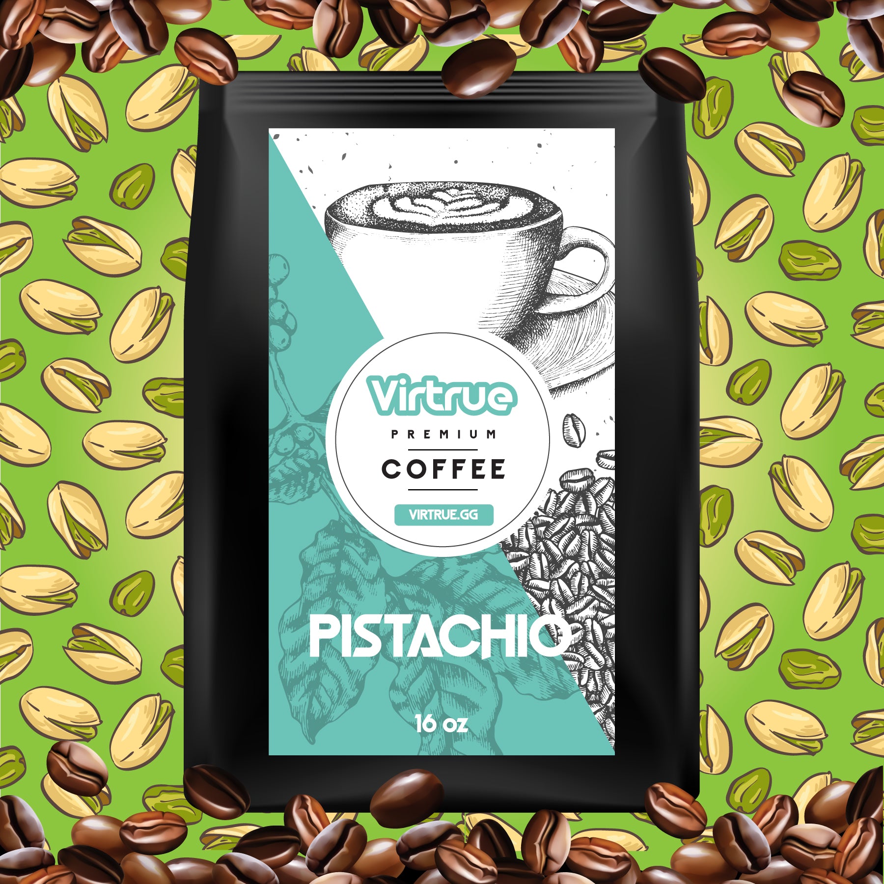 Virtrue Pistachio coffee package with pistachios and coffee beans on a green background
