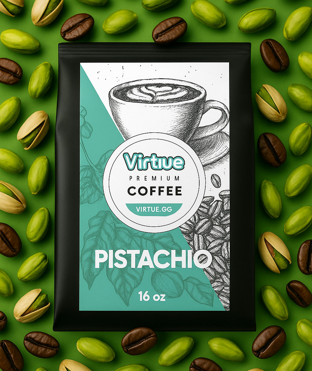 Virtue Premium Coffee Pistachio package surrounded by pistachios and coffee beans on a green background