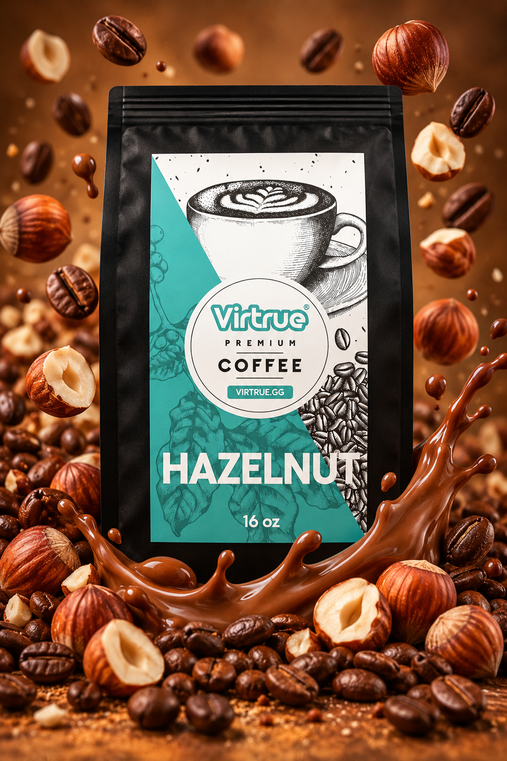 Virtrue Hazelnut coffee package with hazelnuts