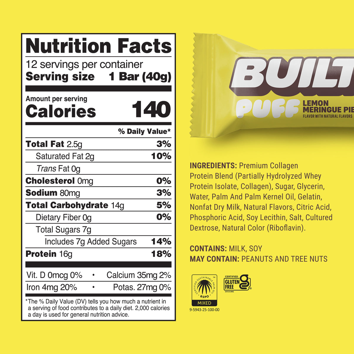 Nutrition facts for BUILT Lemon Meringue Pie Puff