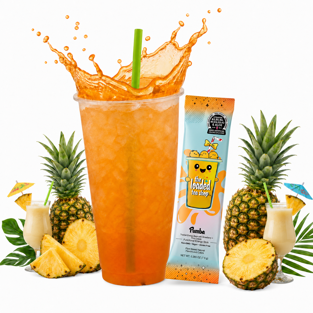 Loaded Tea Shop Pumba energy drink mix packet with orange iced tea, pineapple and tropical fruit