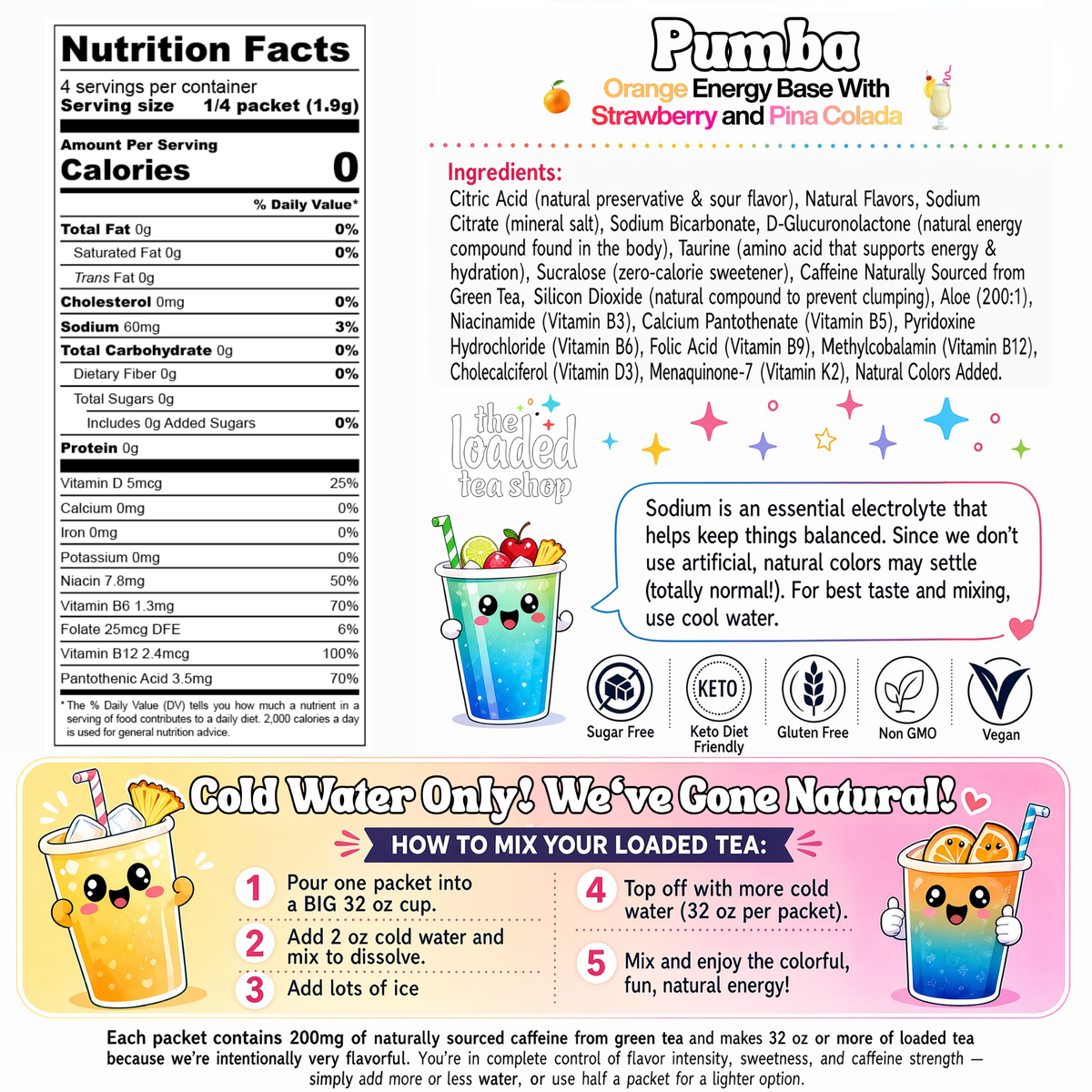 Pumba loaded tea nutrition facts, ingredients, caffeine content and preparation instructions