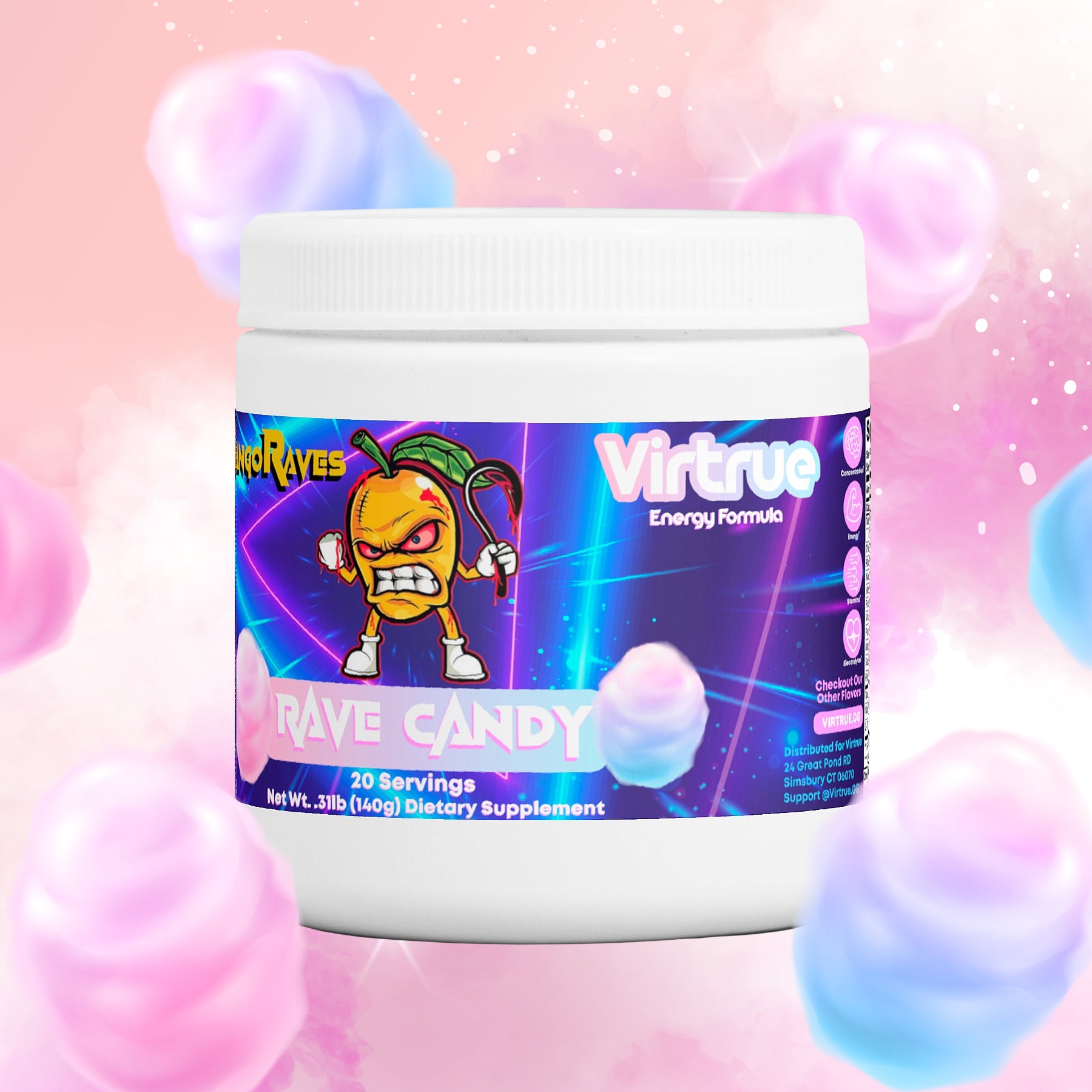 A container of VirTrue Rave Candy Energy Powder with a colorful graphic of a cartoon character on the label, set against a background of pink and blue energy balls.
