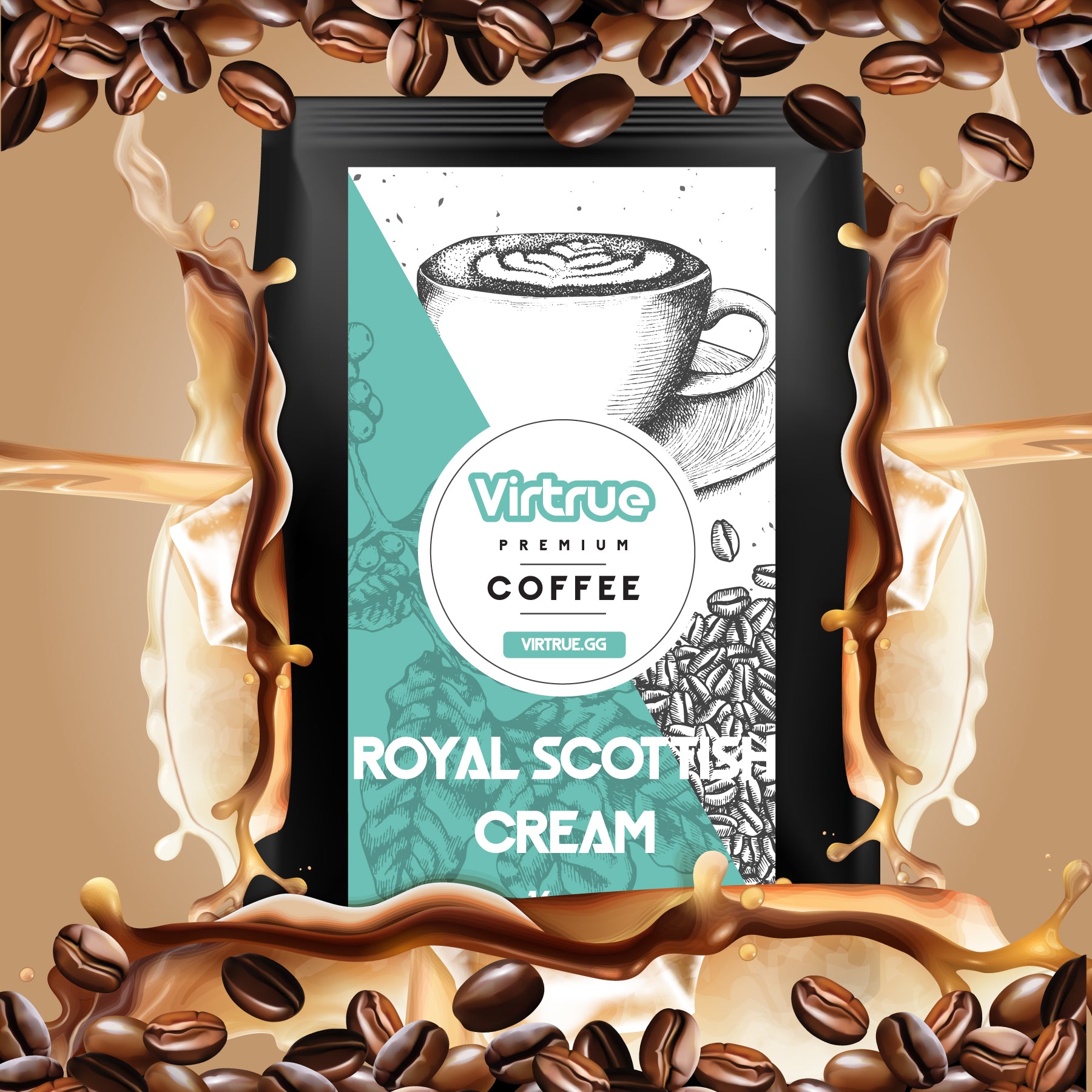 Virtrue Premium Coffee Royal Scottish Cream package surrounded by coffee beans and milk splashes on a beige background