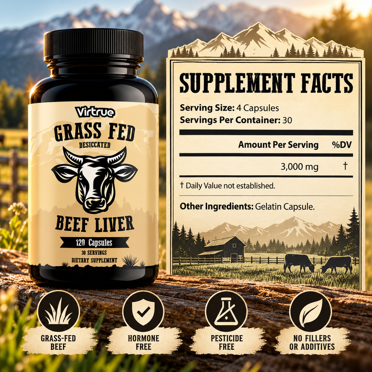 Virtrue Grass Fed Beef Liver Capsules Supplement Facts