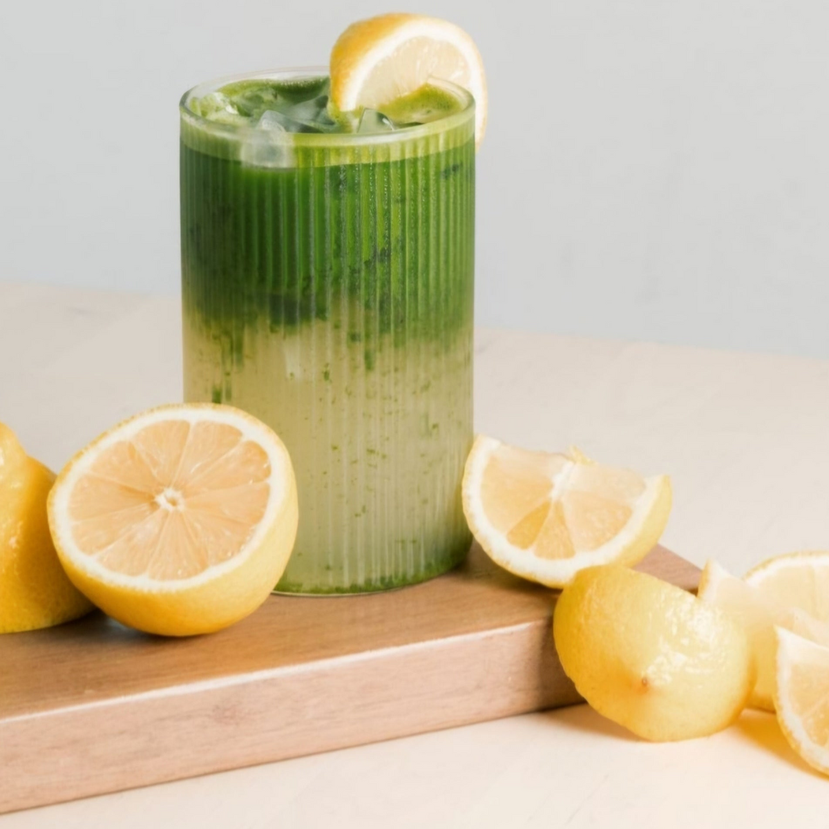 Iced green matcha drink garnished with lemon slices