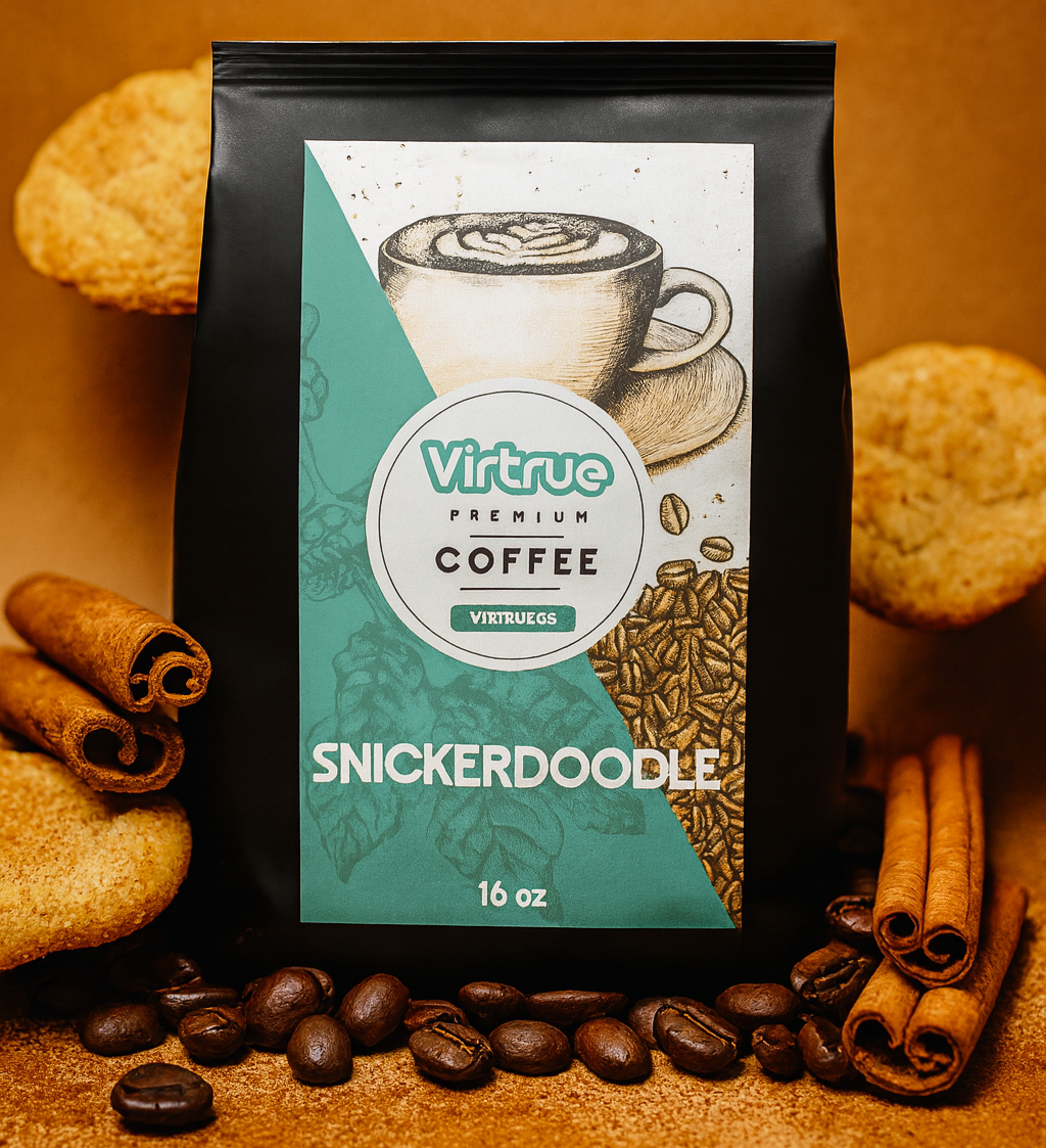 Virtrue Snickerdoodle coffee package with coffee beans and cinnamon sticks on a wooden surface