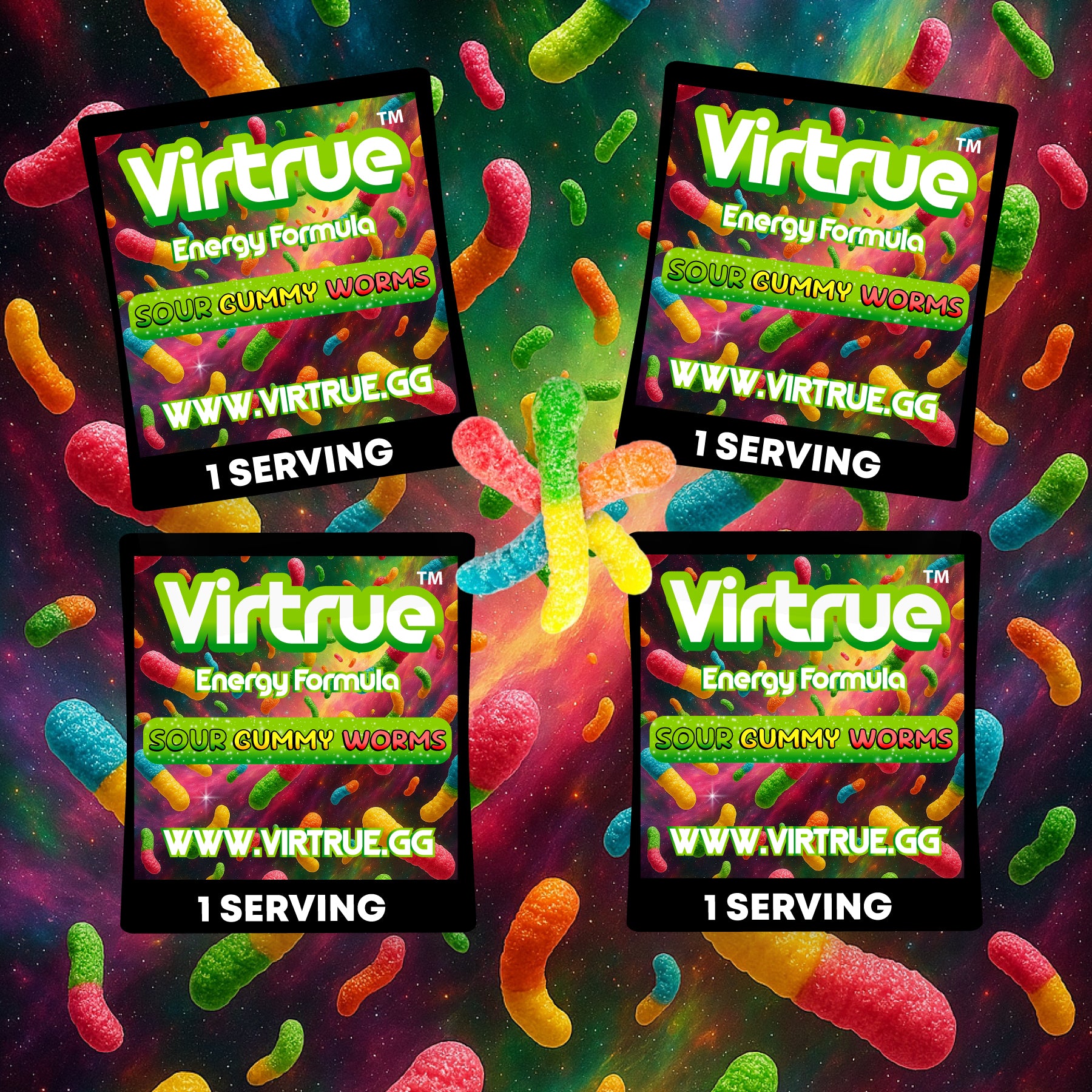 Virtrue Sour Gummy Worms energy supplement travel packs.