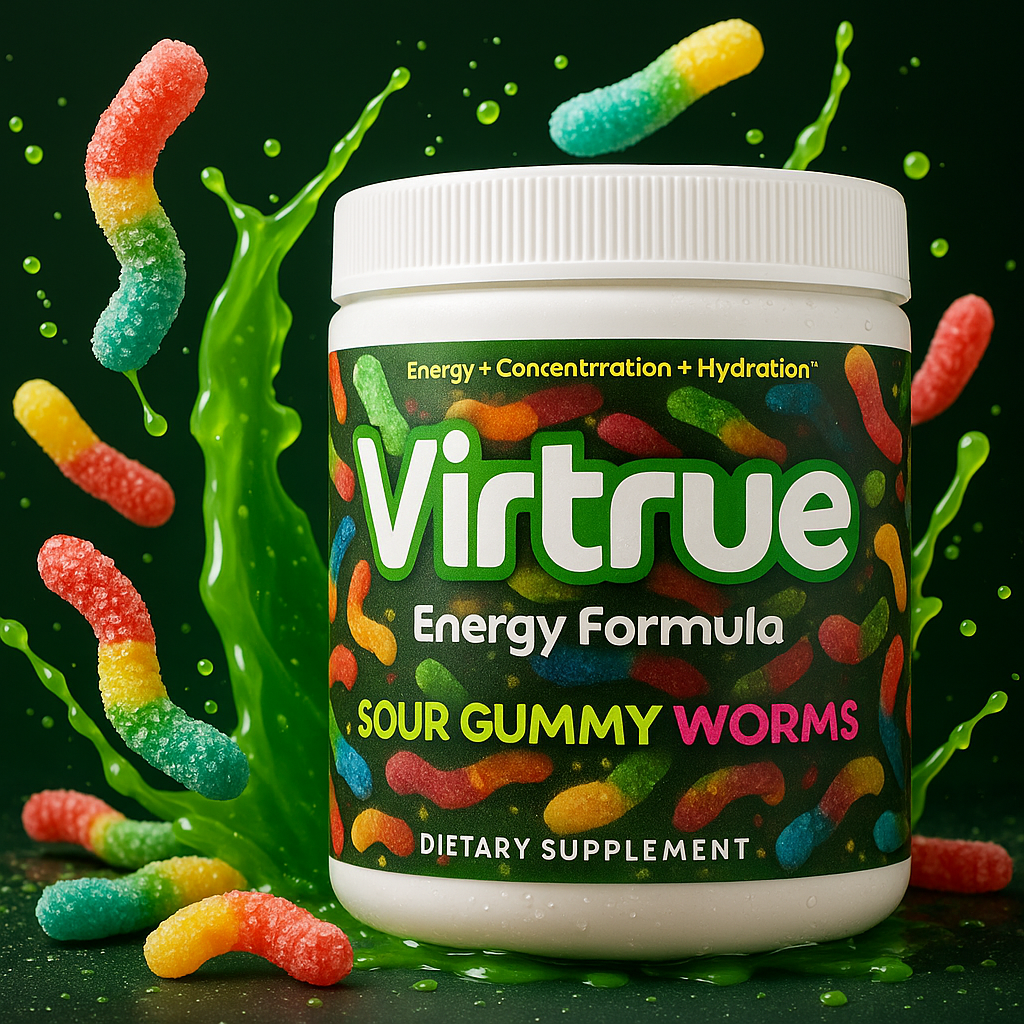Virtrue Sour Gummy Worm energy supplement with colorful gummy worms around on a dark background