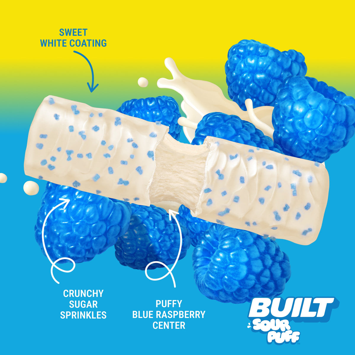BUILT Blue Razz Blast Sour Puff with blue raspberry flavor