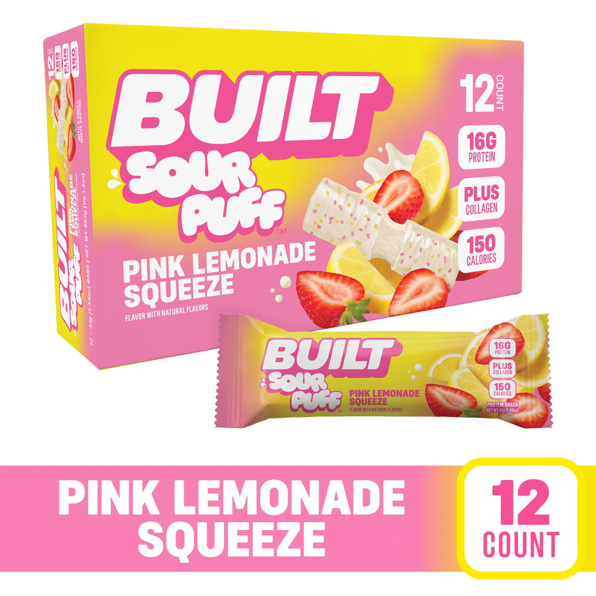 BUILT Pink Lemonade Squeeze Protein Sour Puffs - 12 Count