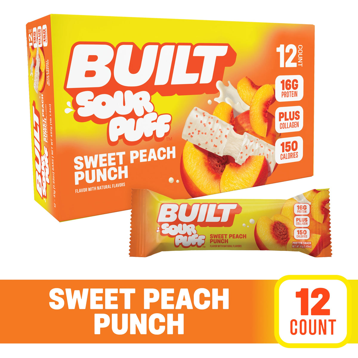 BUILT Sweet Peach Punch Sour Protein Puff - 12 Count