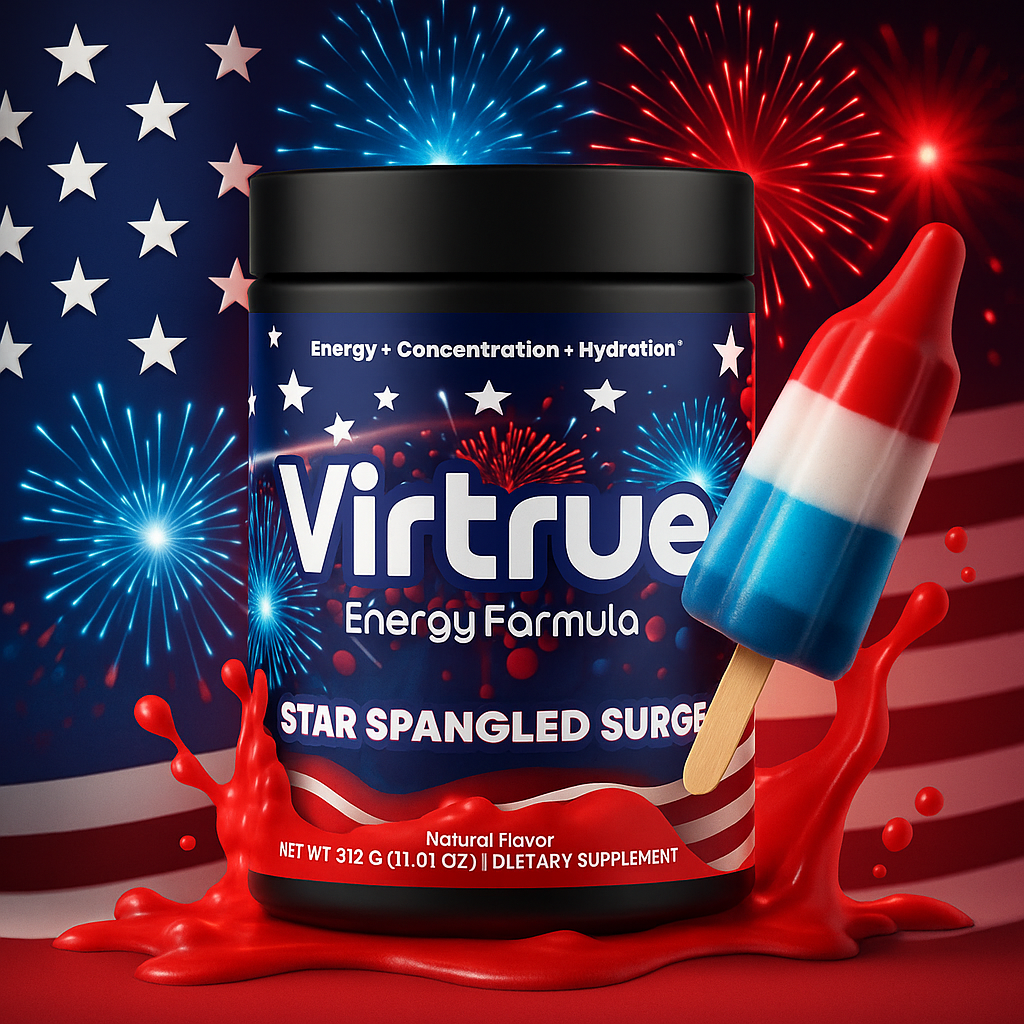 Virtrue Bomb Pop Energy Formula supplement container with American flag and fireworks background