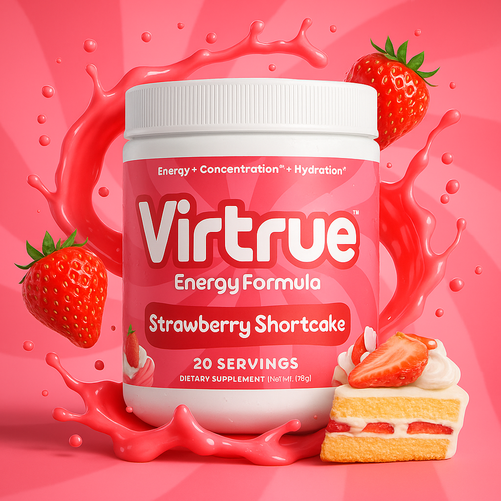Virtrue Strawberry Shortcake energy supplement with strawberries and cake on a pink background