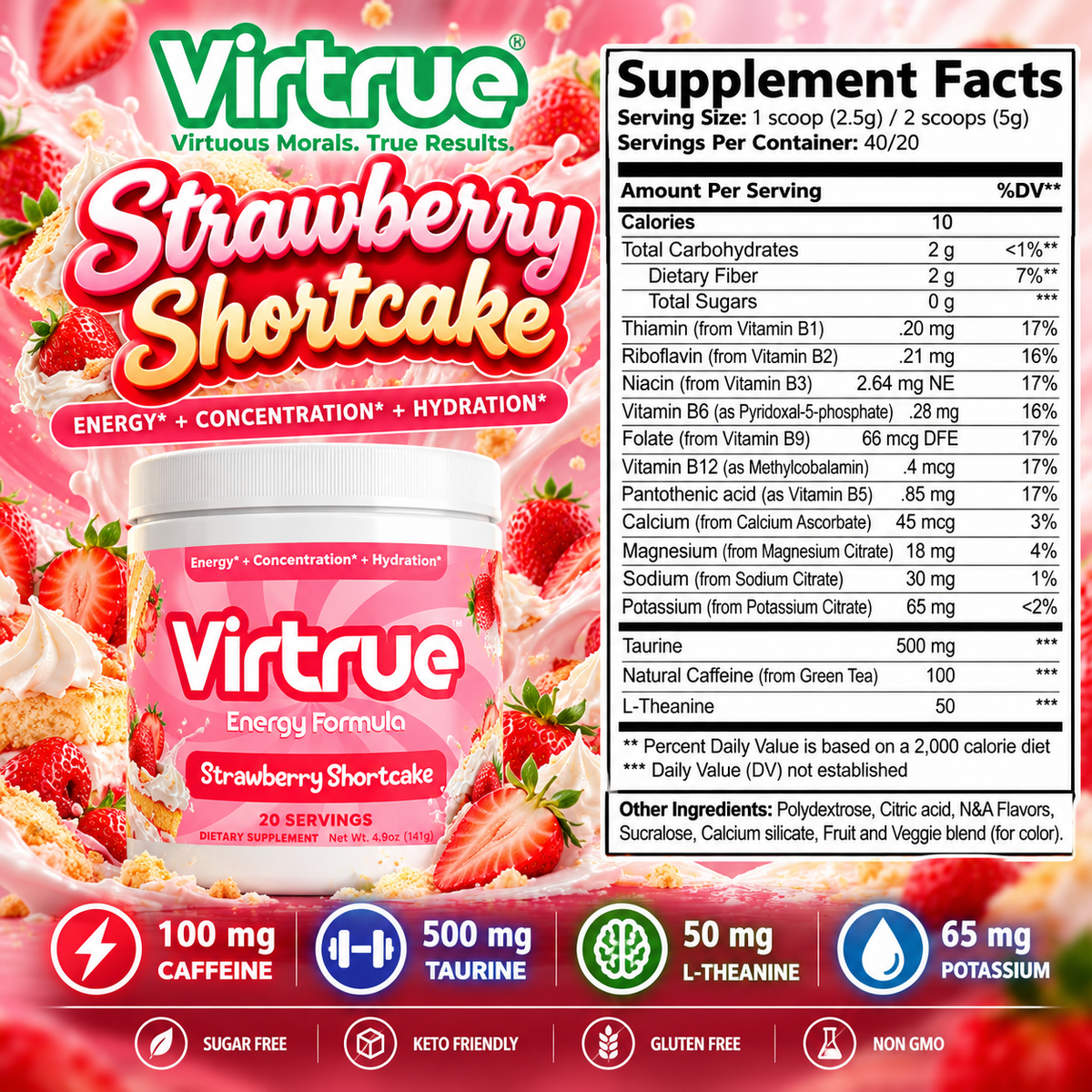 Virtrue Energy Formula Strawberry Shortcake flavor pre-workout energy powder,