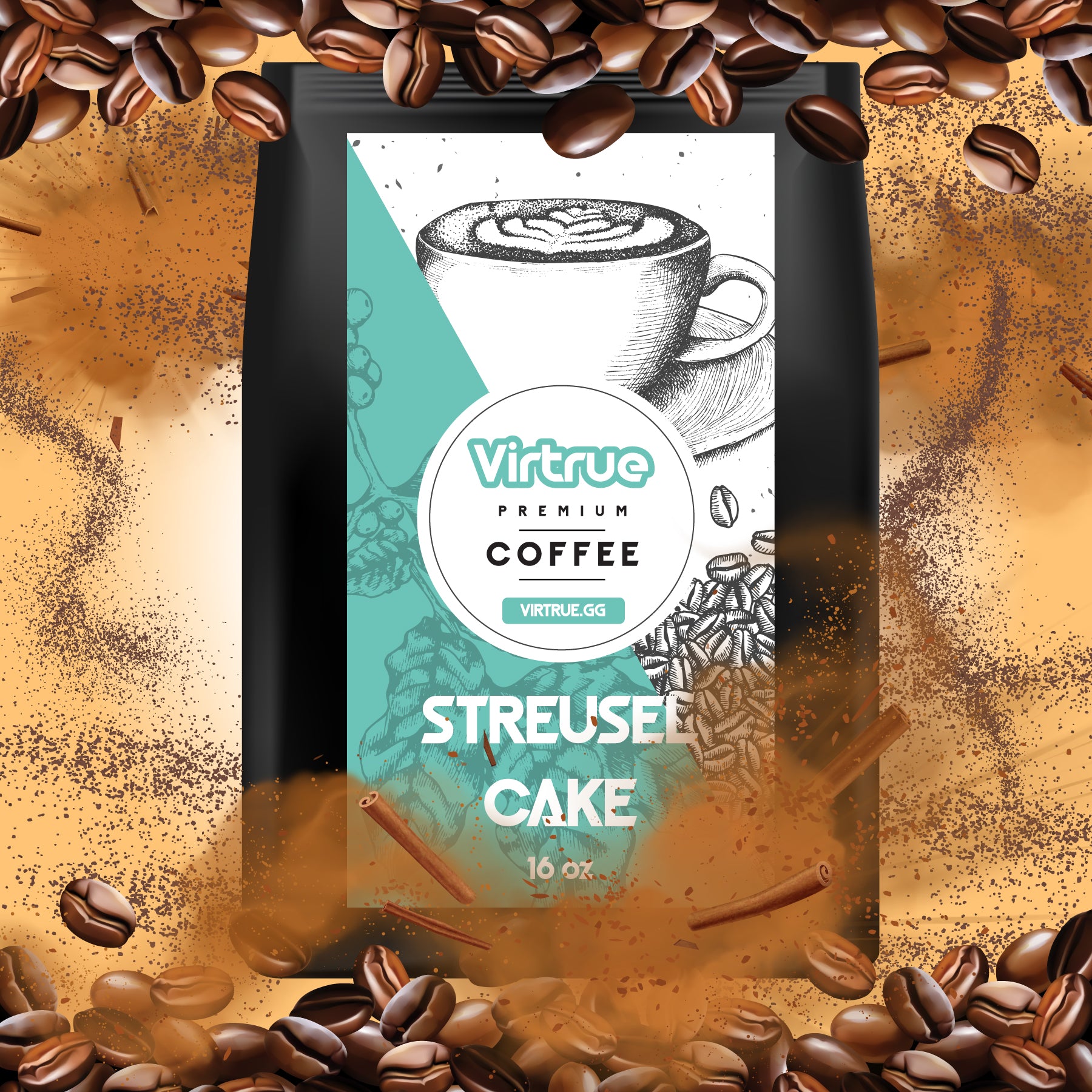 Coffee package with 'Virtrue' branding and 'Streusel Cake' flavor surrounded by coffee beans and cinnamon sticks.