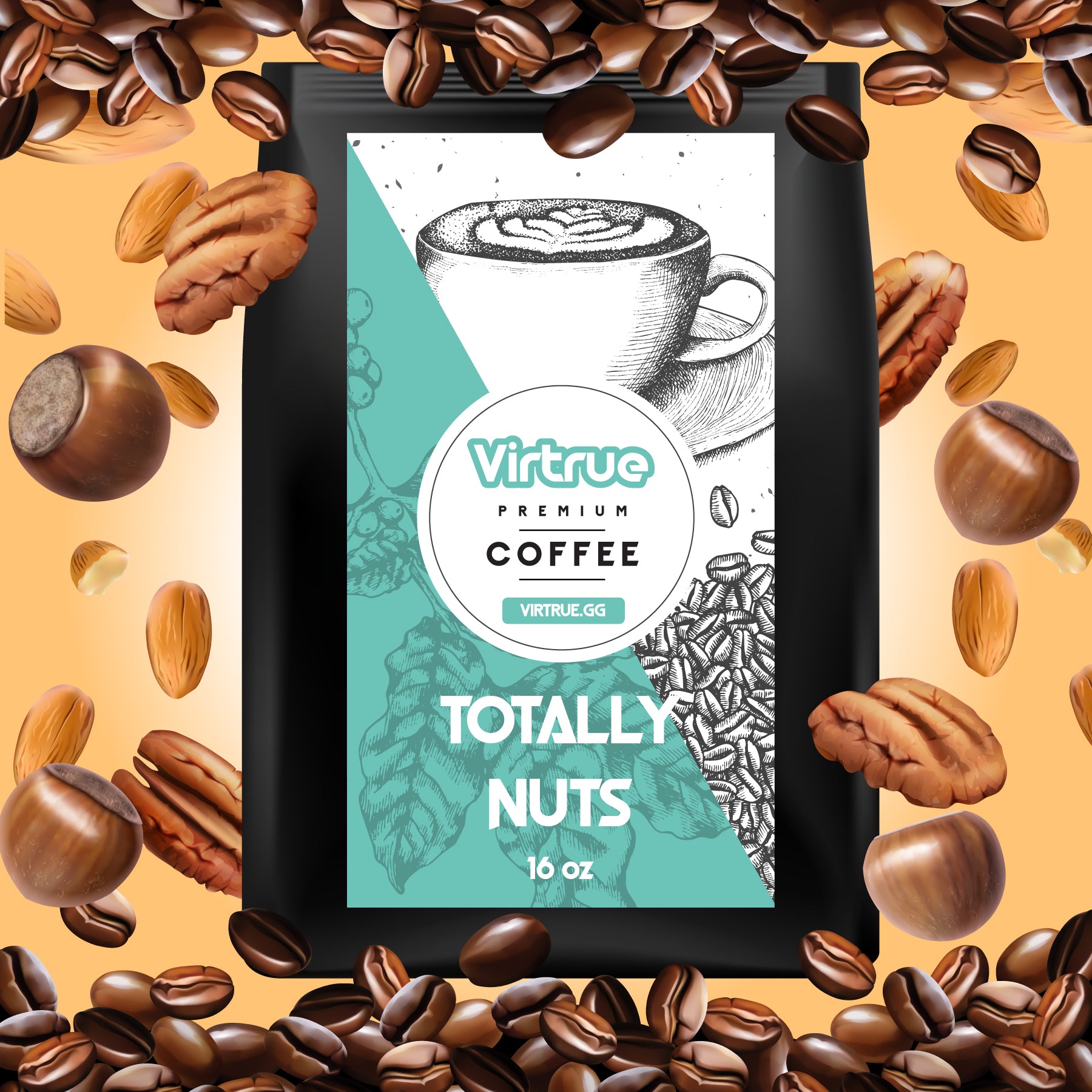 Virtue coffee package with pecans on a yellow background