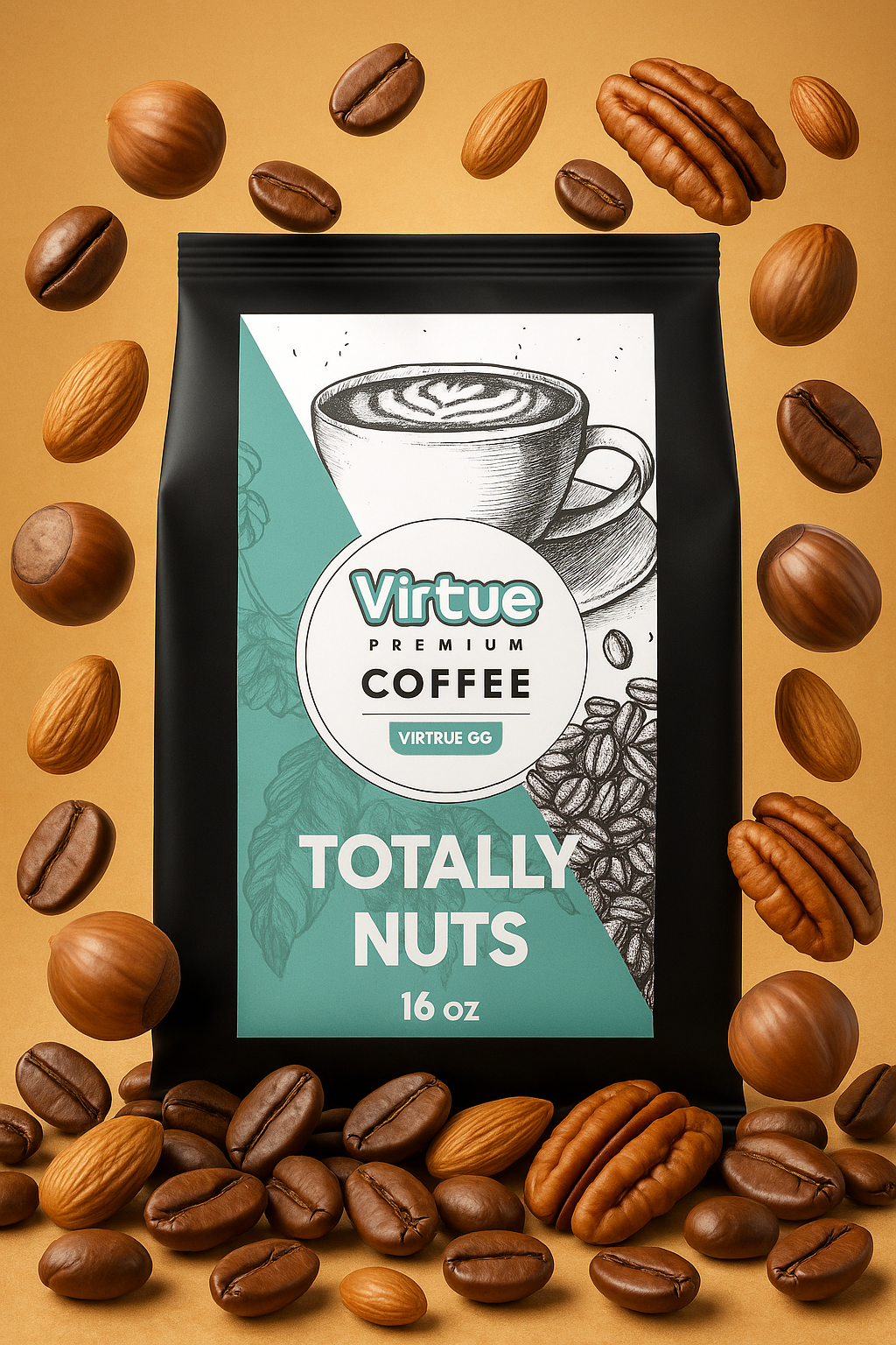 Virtue Premium Coffee package with pecans and coffee beans on a yellow background
