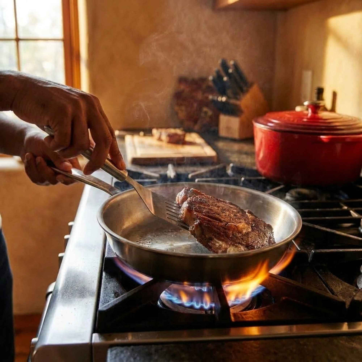 Food being seared in an Alva stainless steel frying pan over a gas burner