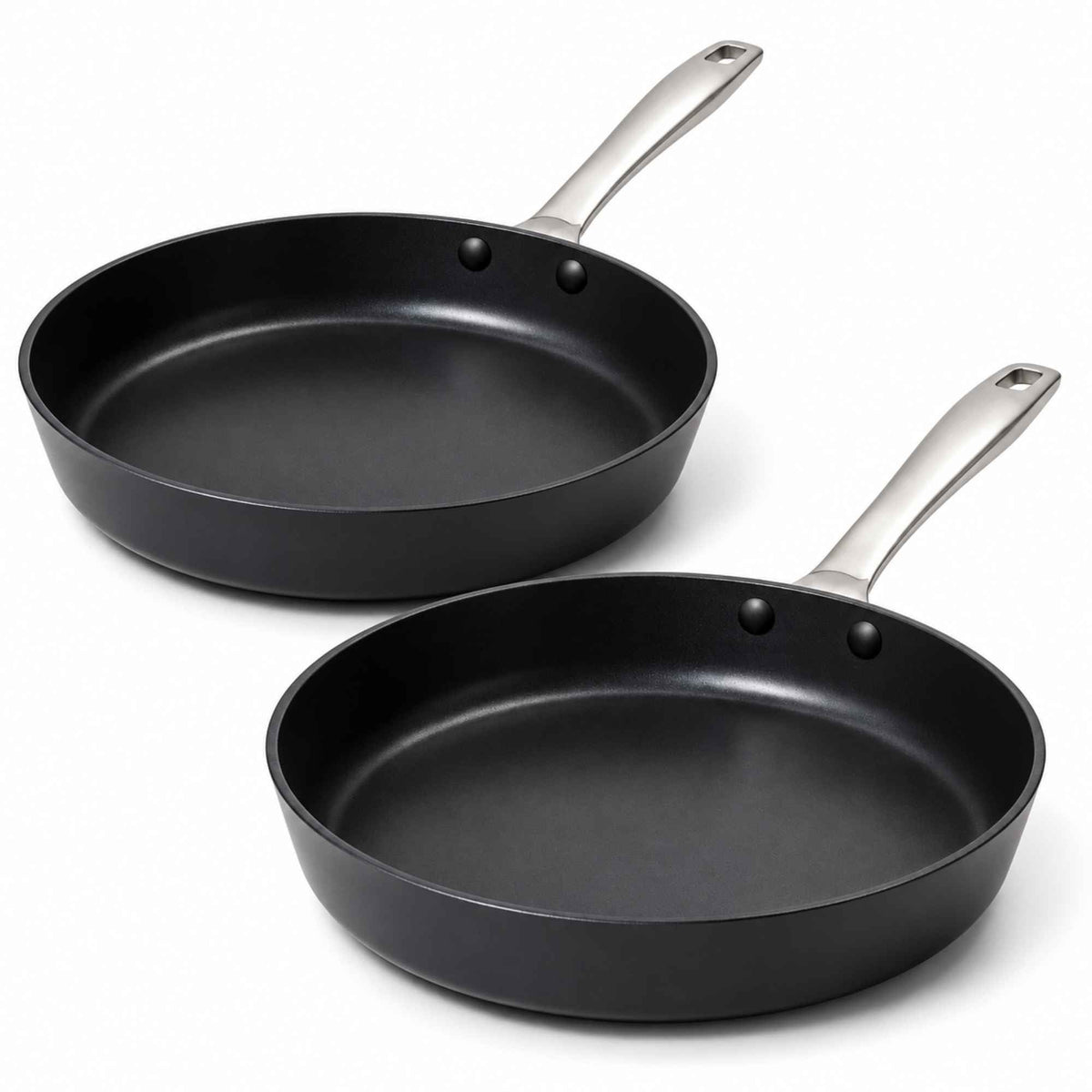 Two Alva ceramic nonstick frying pans displayed in different sizes
