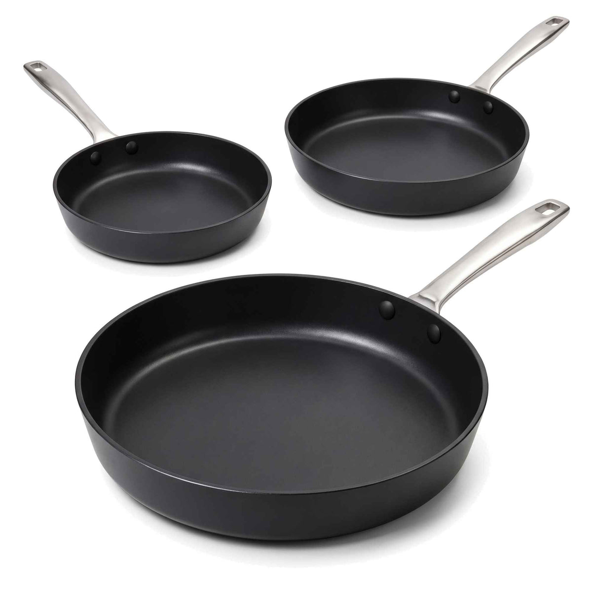 Three Alva ceramic nonstick frying pans arranged to show available sizes
