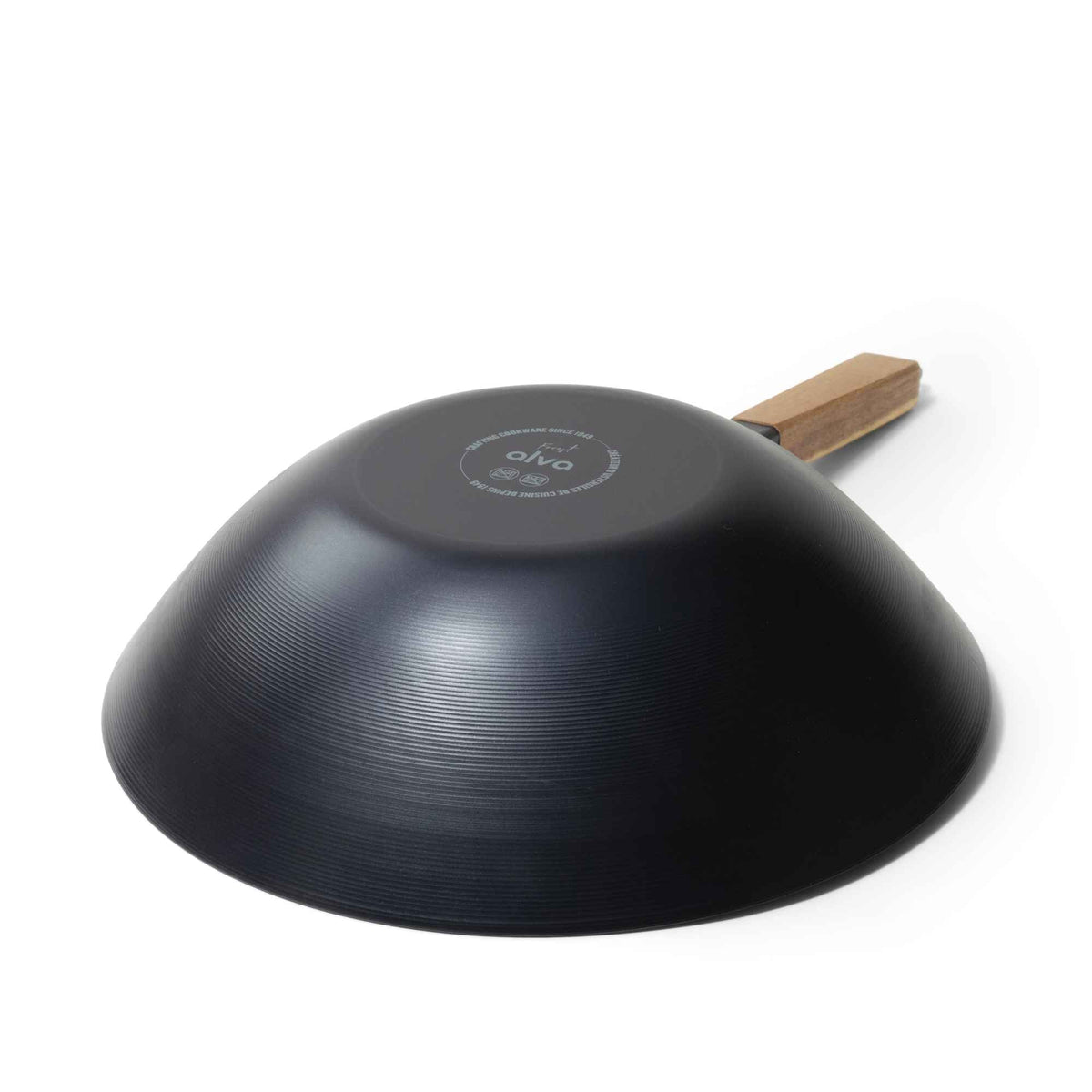 Underside of the Alva 12-inch carbon steel wok showing its flat-bottom design