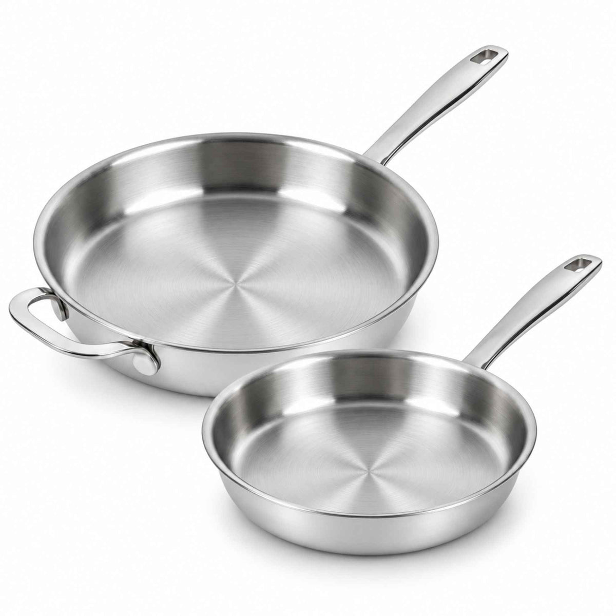 Three Alva stainless steel frying pans displayed in different sizes