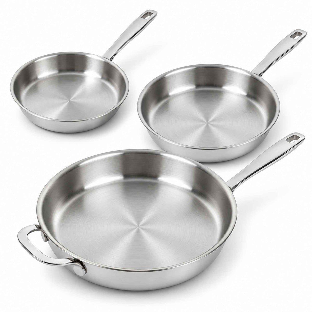 Alva 5-Ply Stainless Steel Frying Pans arranged to show available sizes