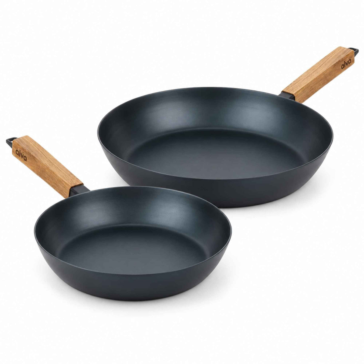 Two Alva carbon steel frying pans with wooden handles displayed in different sizes
