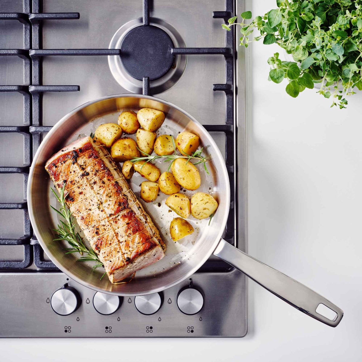 Salmon and vegetables cooking in an Alva stainless steel frying pan on a stovetop
