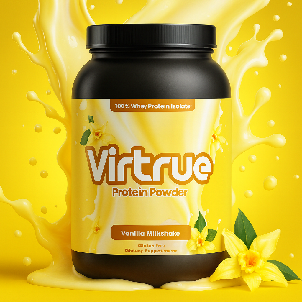 Virtrue Whey Isolate Protein Powder  container with vanilla milkshake flavor on a yellow background