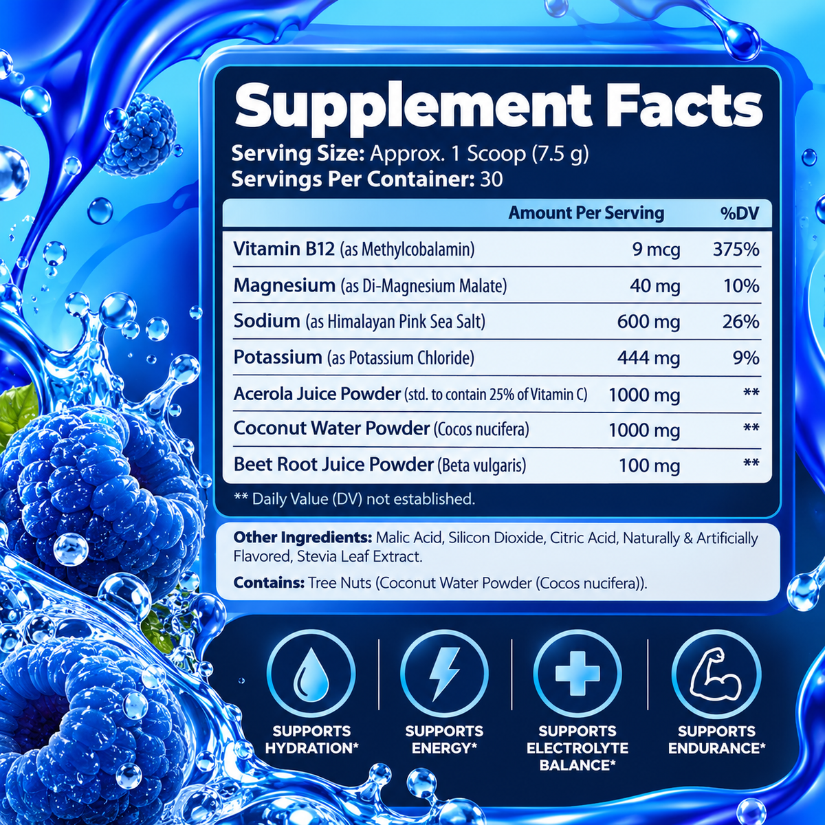 Virtrue Blue Raspberry Electrolyte Powder supplement facts