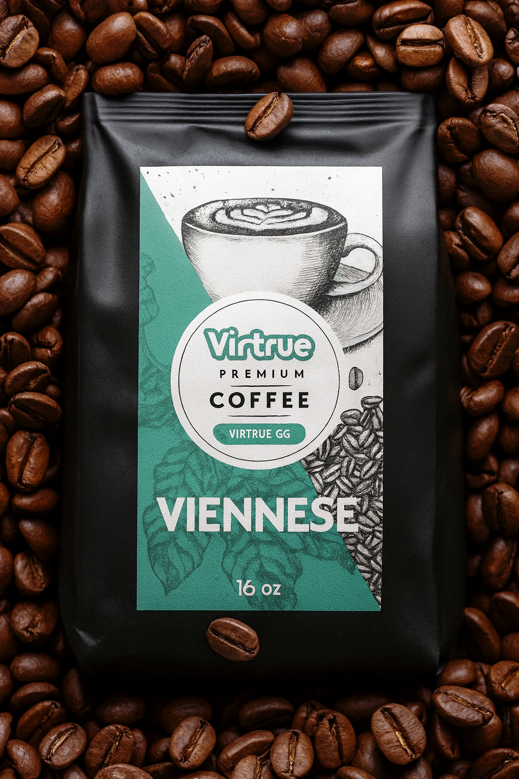 Virtrue Viennese coffee package surrounded by coffee beans