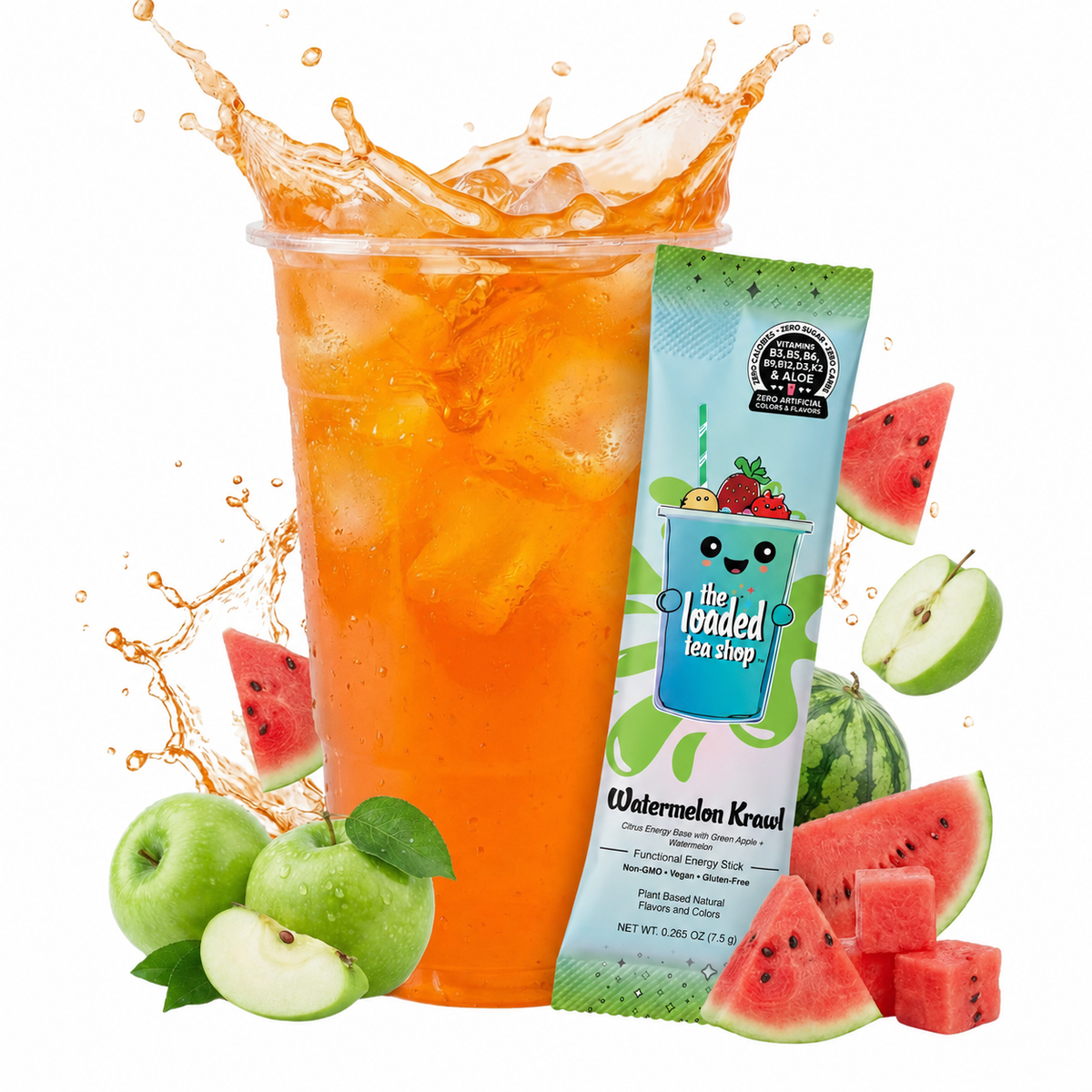Loaded Tea Shop Watermelon Krawl energy drink mix packet with iced tea, watermelon and green apples