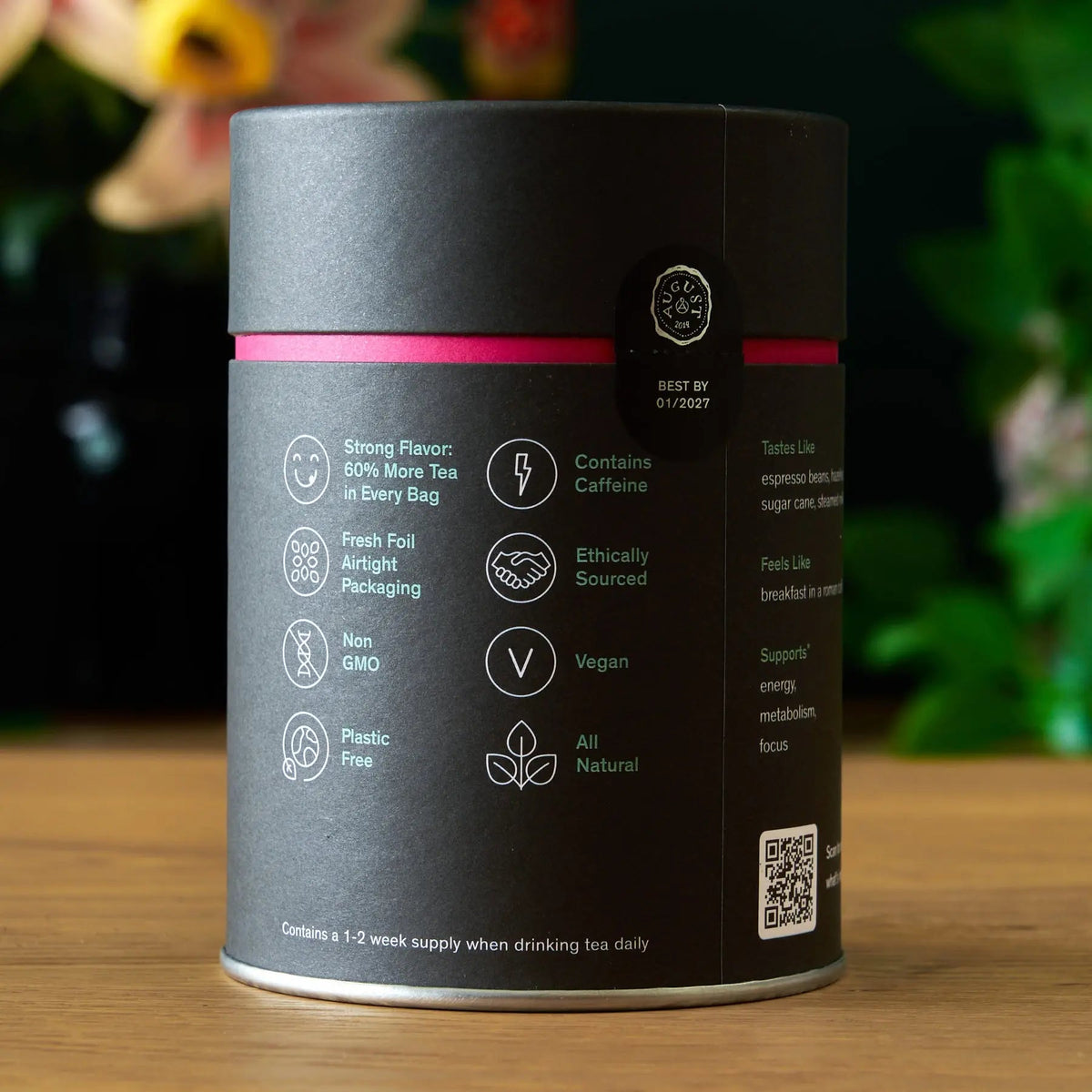 Back of August Jet Black tea tin showing product information and brewing instructions
