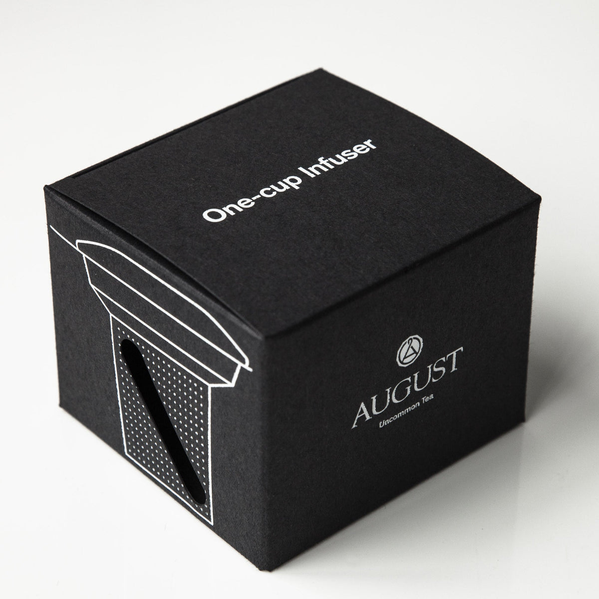 Black retail packaging for August One Cup stainless steel tea infuser
