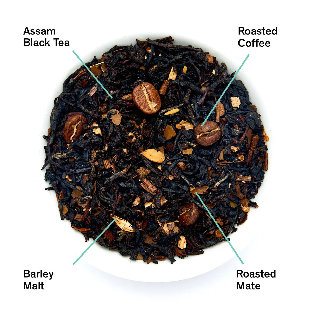 Close-up of August Jet Black black tea blend with coffee beans, roasted mate and malted barley
