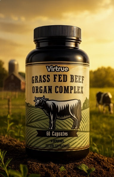 Bottle of Virtrue Grass Fed Beef Organ Complex supplement with a farm background