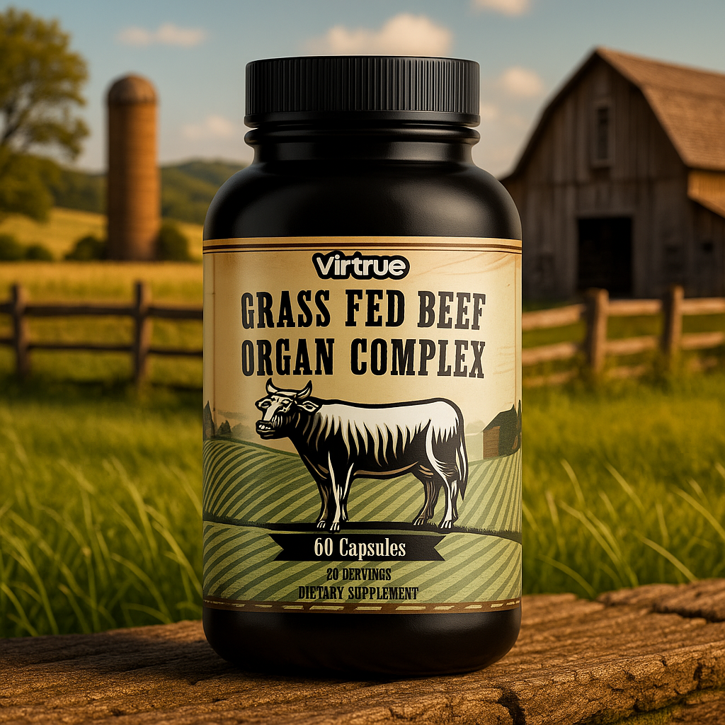 Virtrue Grass Fed Beef Organ Complex supplement with a farm background