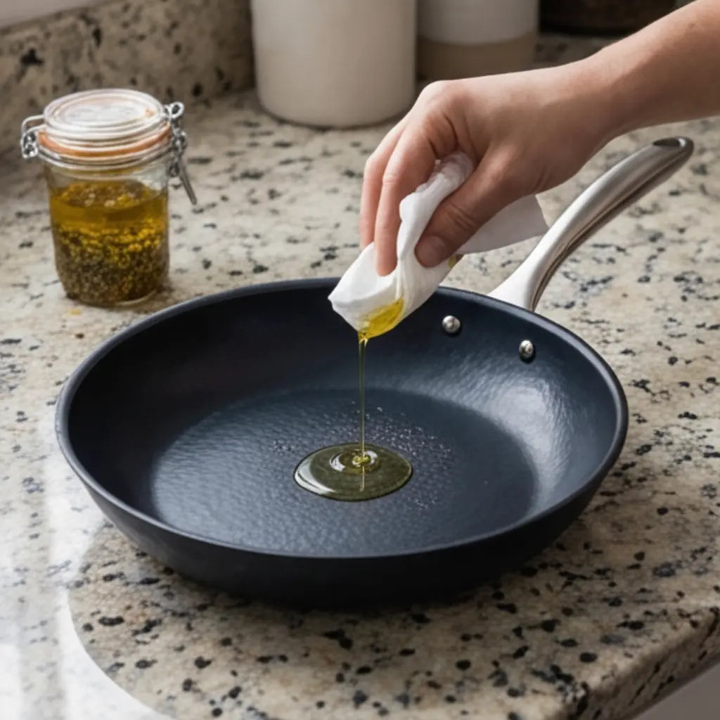 Oil being poured into an Alva Black Angus carbon steel frying pan to maintain seasoning