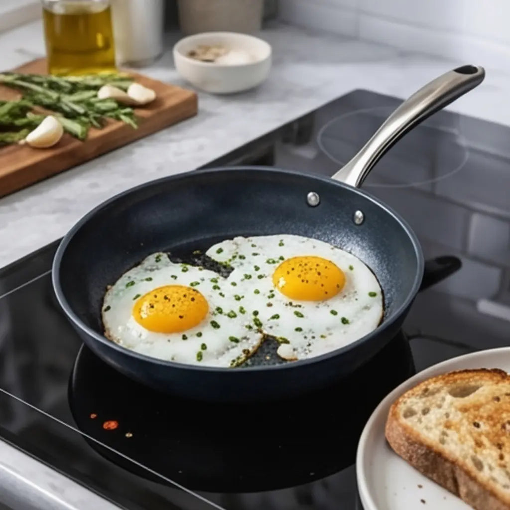 Eggs cooking in an Alva Black Angus carbon steel frying pan on a stovetop