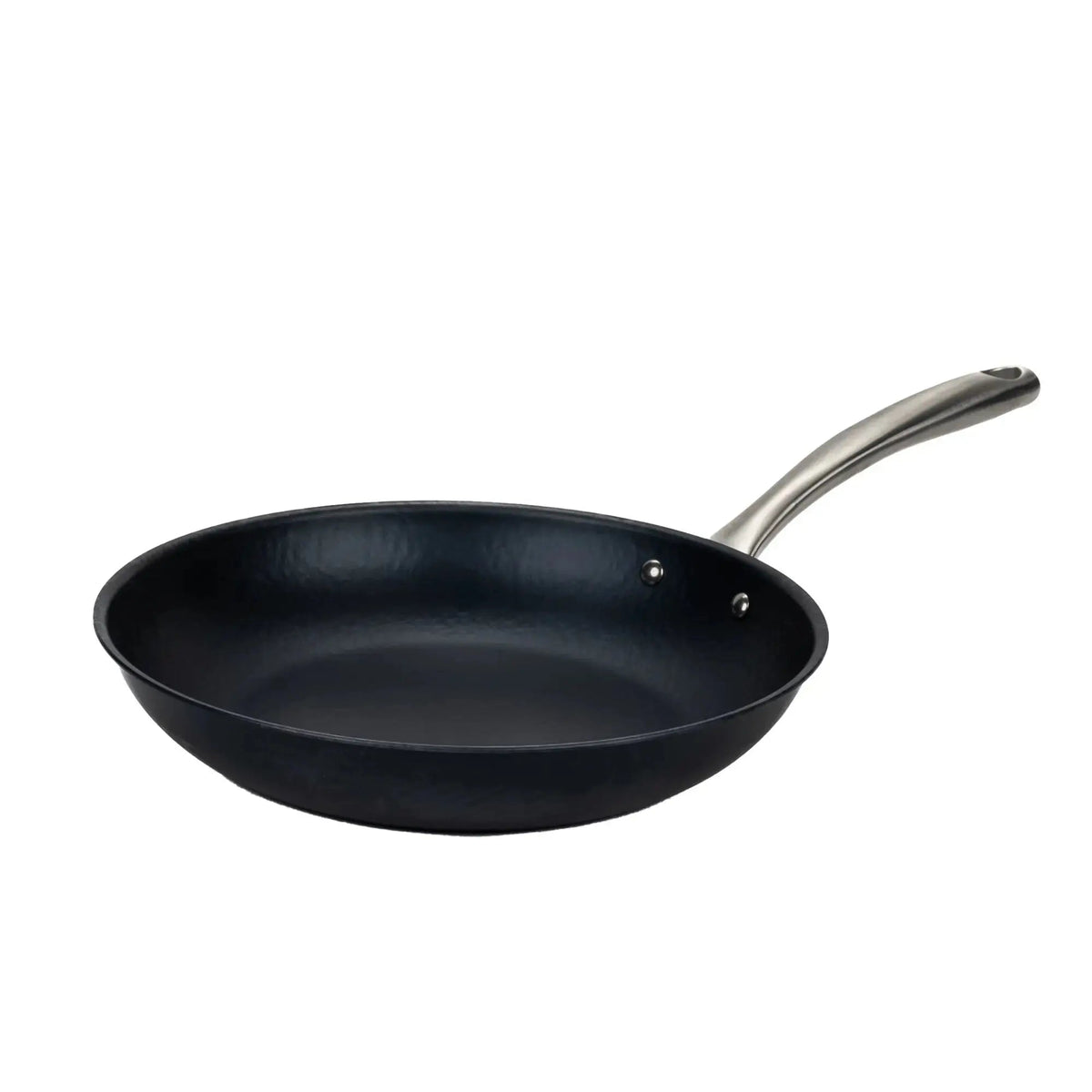 Alva Black Angus carbon steel frying pan with dark pre-seasoned cooking surface and stainless steel handle
