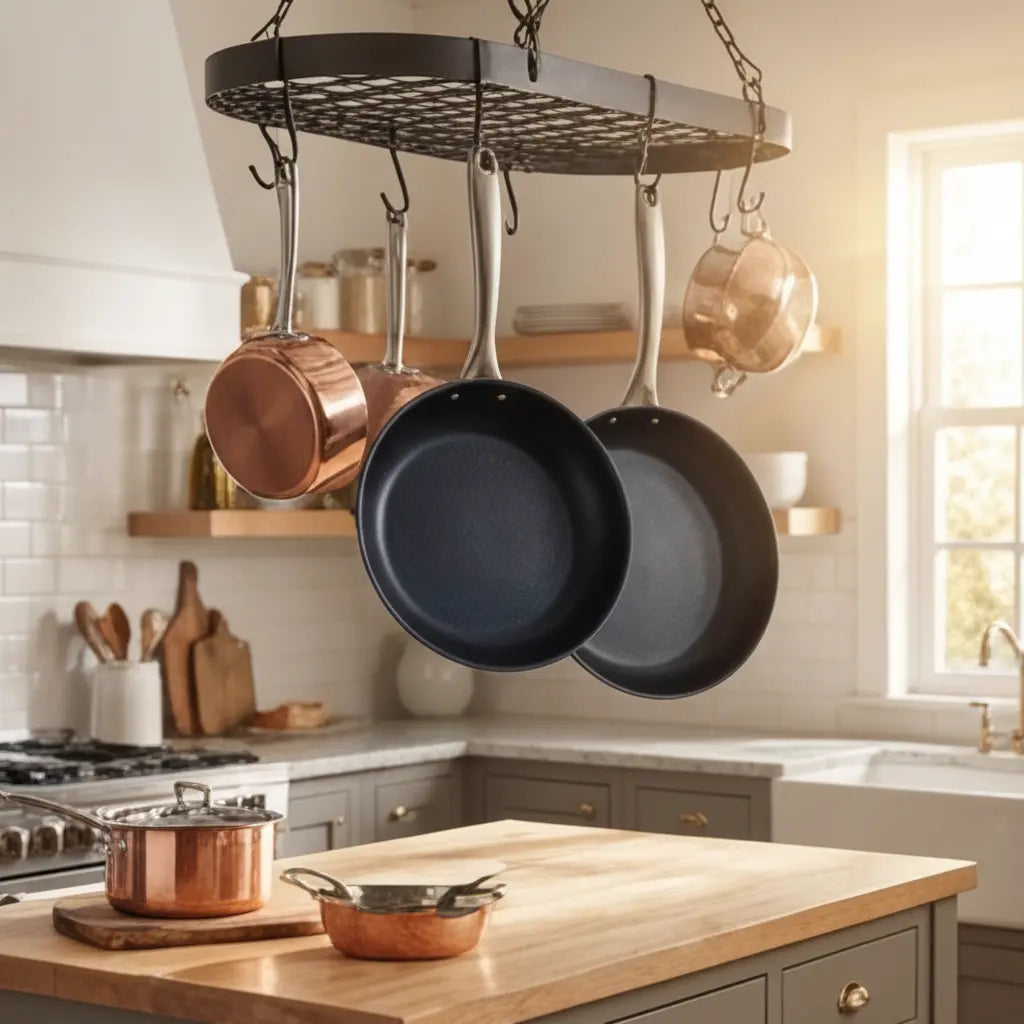 Alva Black Angus carbon steel frying pans hanging on a kitchen cookware rack