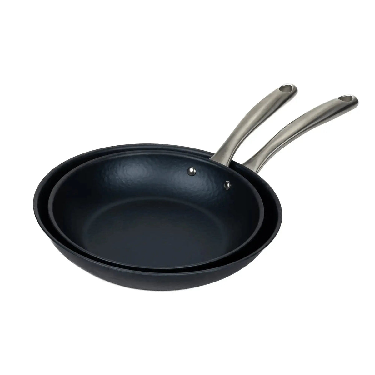Two Alva Black Angus carbon steel frying pans displayed in different sizes