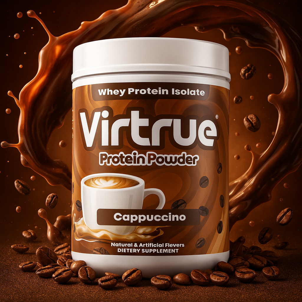 Virtrue Cappuccino protein powder container with coffee cup graphic on a brown background