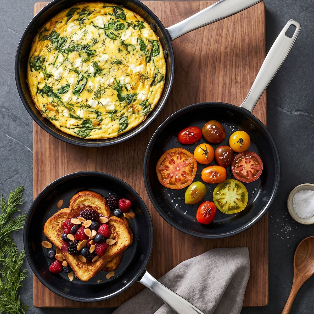 Alva ceramic nonstick frying pans used to prepare vegetables and other homemade dishes