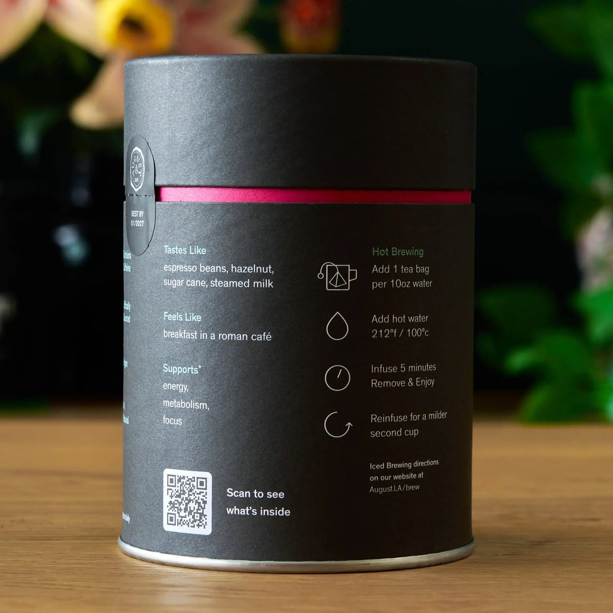 August Jet Black black tea tin showing brewing details and product labeling
