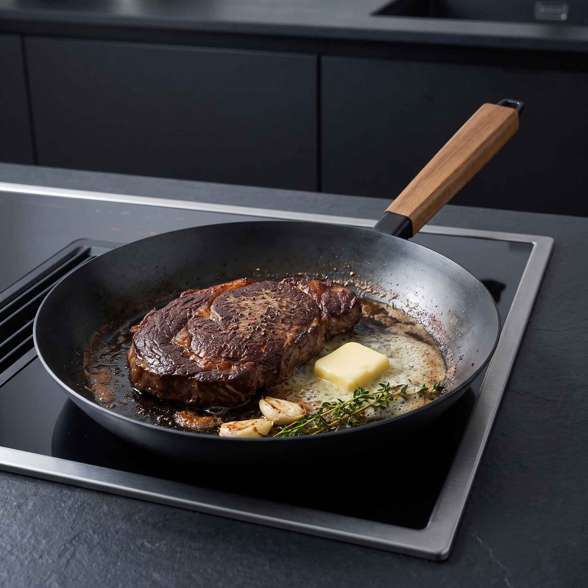 Steak searing in an Alva carbon steel frying pan on an induction cooktop