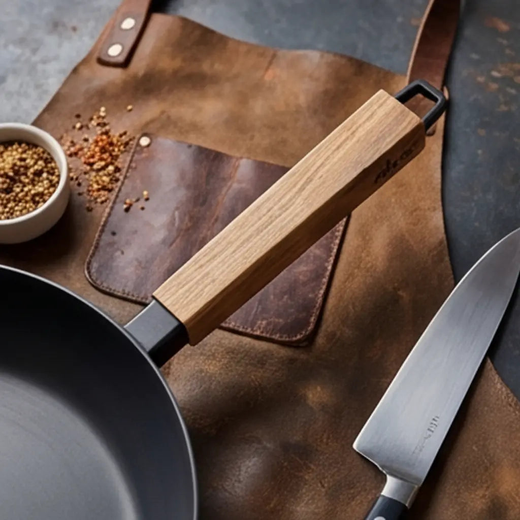 Close-up of an Alva carbon steel frying pan with wooden handle and cooking utensils