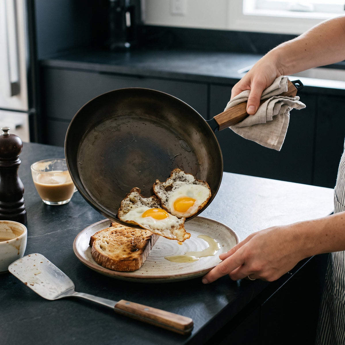 Alva carbon steel frying pan being used to cook and serve eggs for breakfast